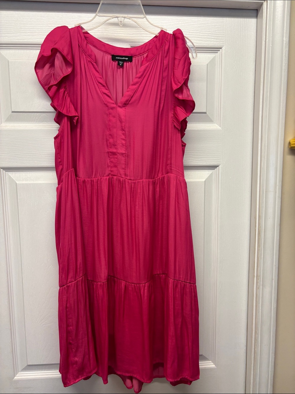 Mittoshop Hot Pink Ruffle-Sleeve Silky Tiered Mini Dress Medium